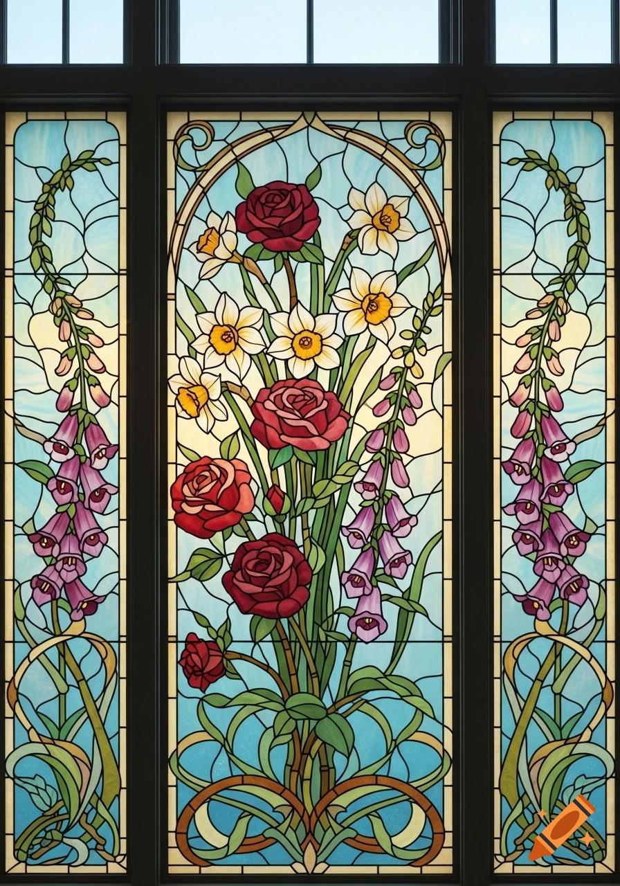 Colorful Art Nouveau stained glass window art depicting red roses, white daffodils, and purple foxgloves on a blue background.