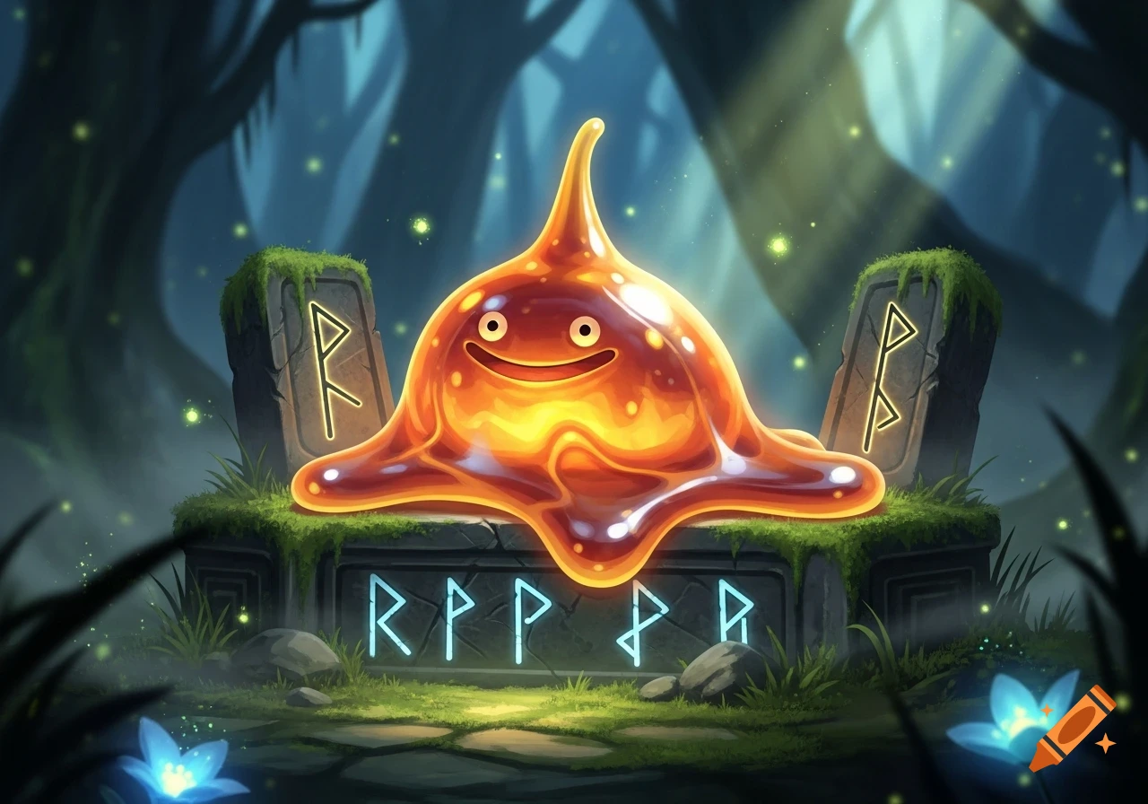 A glowing orange slime monster with big eyes and a smile sits on a moss-covered stone altar with glowing runes in a dark, magical forest.