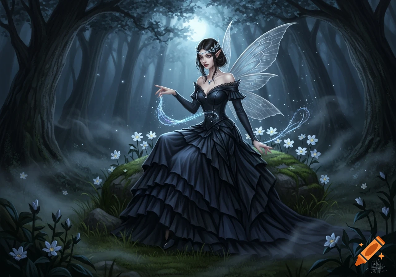 A dark fairy princess with black hair and translucent wings sits in an enchanted forest, conjuring blue magic amidst white flowers. Digital art.