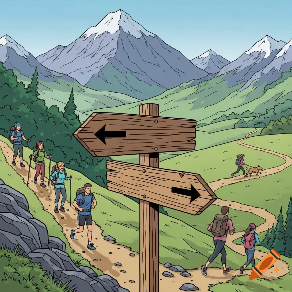 Comic illustration of hikers and joggers on winding mountain trails, past a signpost, with snow-capped peaks.