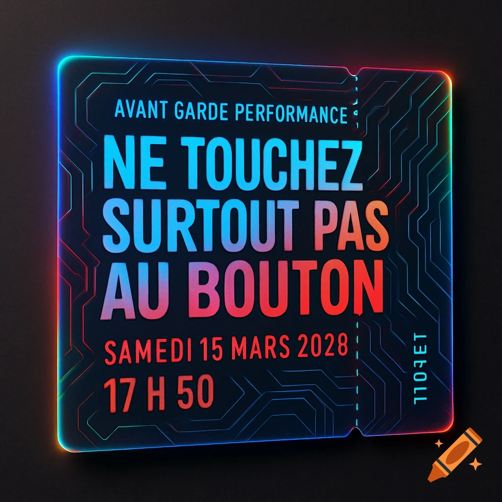 A glowing, futuristic ticket for an event titled 'NE TOUCHEZ SURTOUT PAS AU BOUTON' on March 15, 2028, 5:50 PM.
