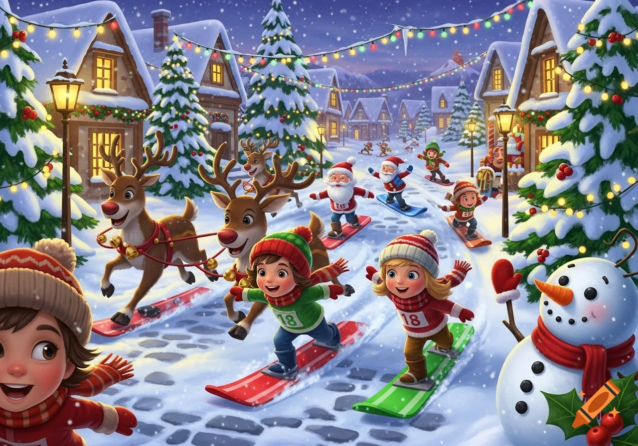 Cartoon illustration of children, Santa, and reindeer snowboarding in a festive Christmas village at night.