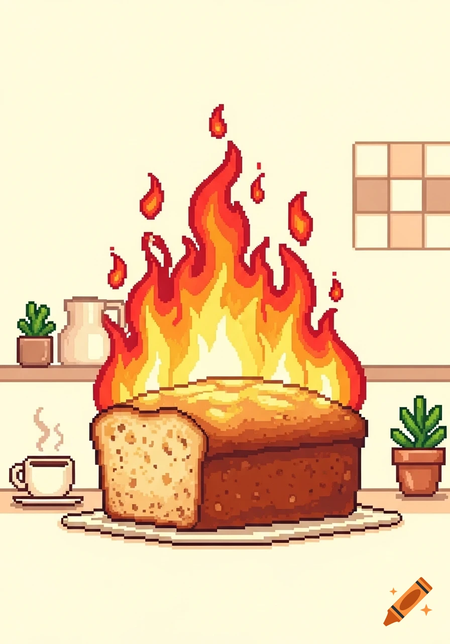 Pixel art of a loaf of banana bread on fire on a plate, with a steaming cup and potted plants in a kitchen setting.