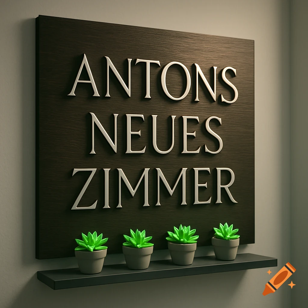 A dark wooden sign with raised silver letters spelling "ANTONS NEUES ZIMMER" hangs above a black shelf holding four small potted succulent plants.