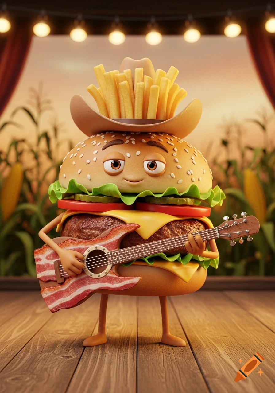 A 3D cartoon burger character, wearing a cowboy hat with fries, plays a bacon-patterned guitar on a wooden stage.