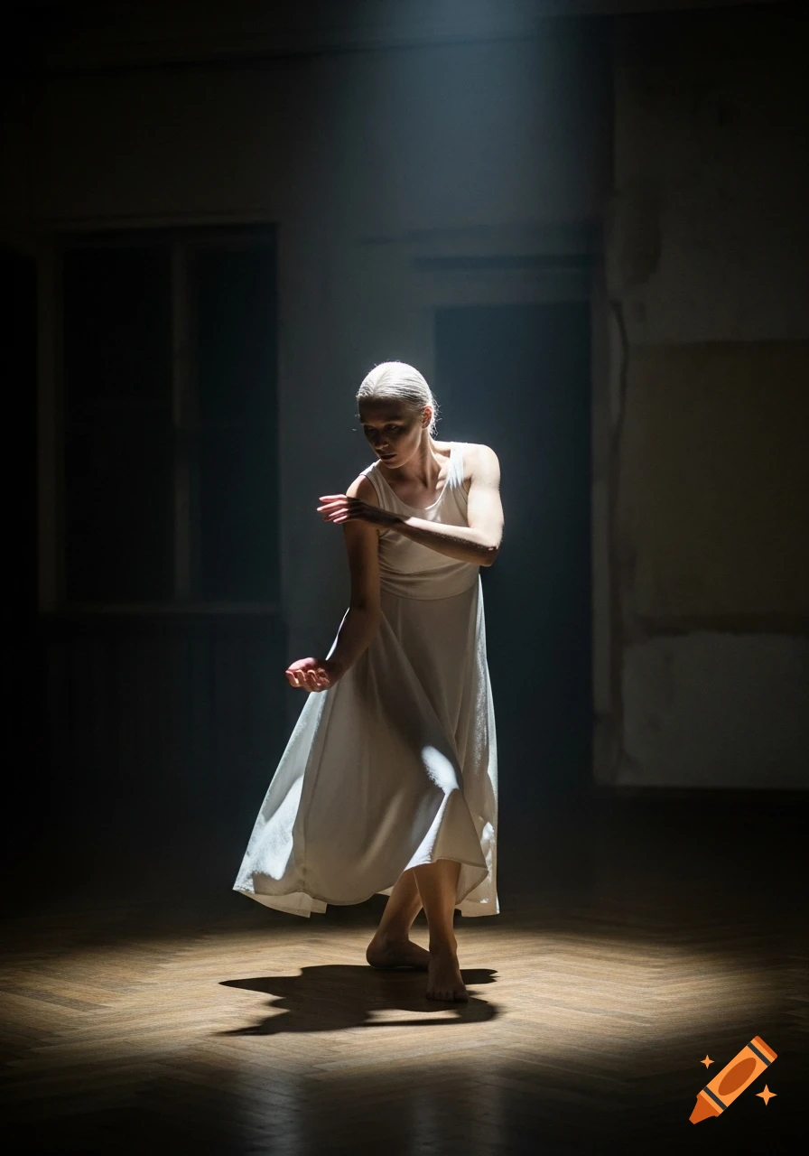 A female dancer in a white dress performs on a wooden floor in a dimly lit room, illuminated by a spotlight.