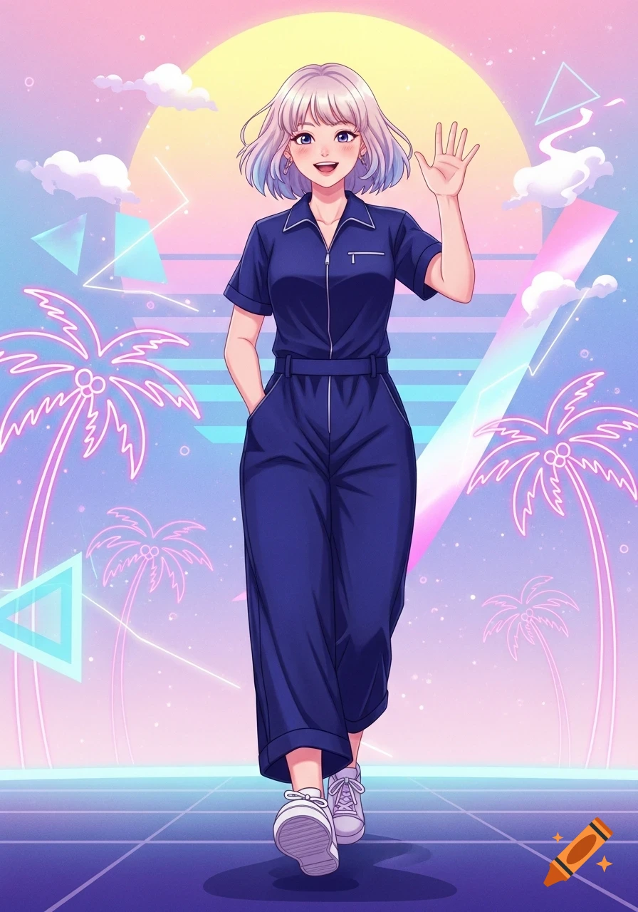Anime girl in a dark blue jumpsuit waves against a vibrant vaporwave background with neon palm trees.