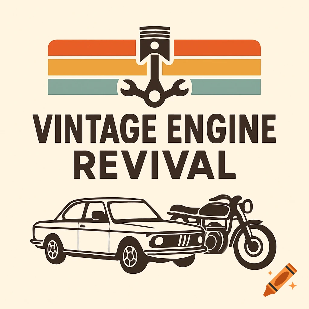 Logo for Vintage Engine Revival with a stylized vintage car, motorcycle, piston, wrenches, and retro colored stripes on a cream background.