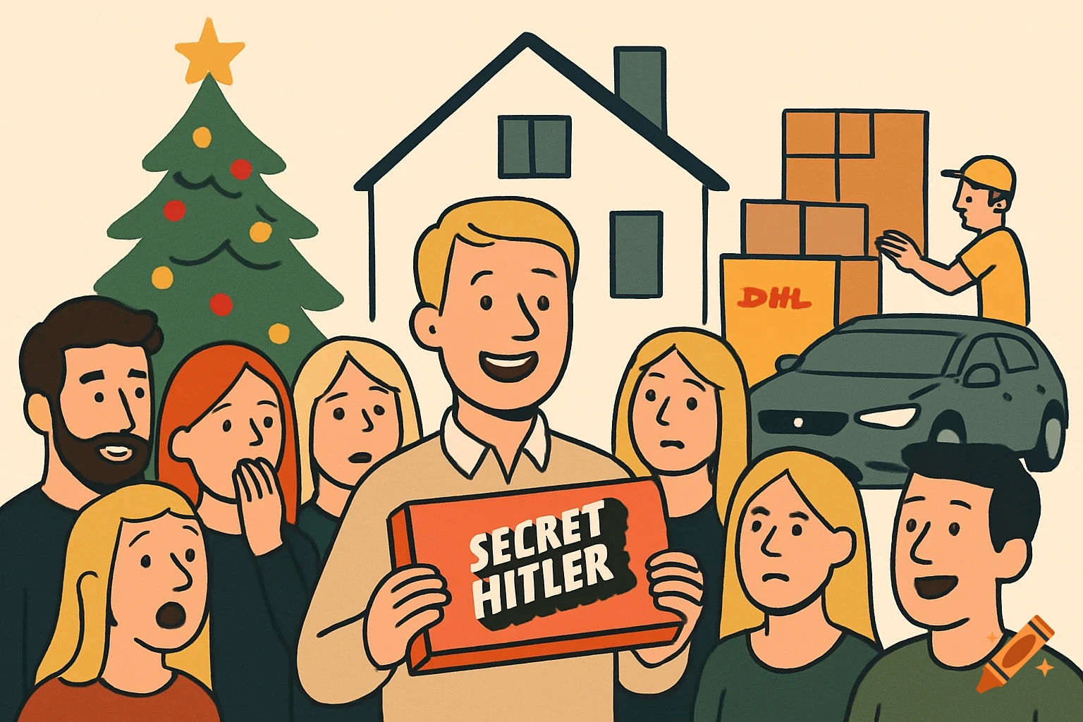 A man holds a 'Secret Hitler' board game box, surrounded by a group. A Christmas tree, house, and packages are in the background.