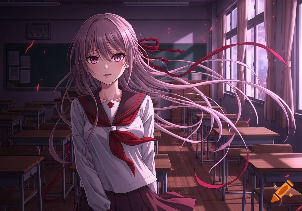 An anime girl with long light purple hair and red ribbons in a school uniform stands in a classroom with empty desks, bathed in dramatic light.