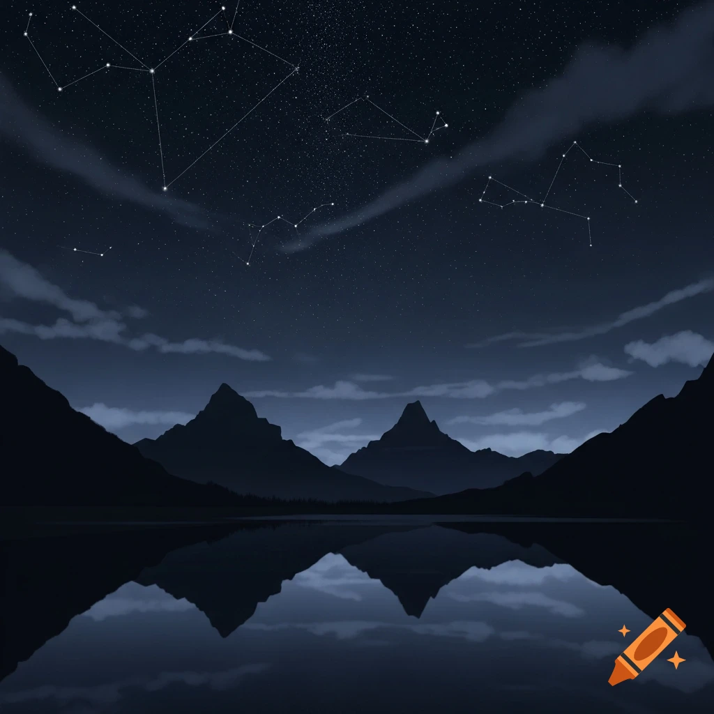 A dark blue night sky with visible constellations and faint clouds over silhouetted mountains, reflected in a still lake.