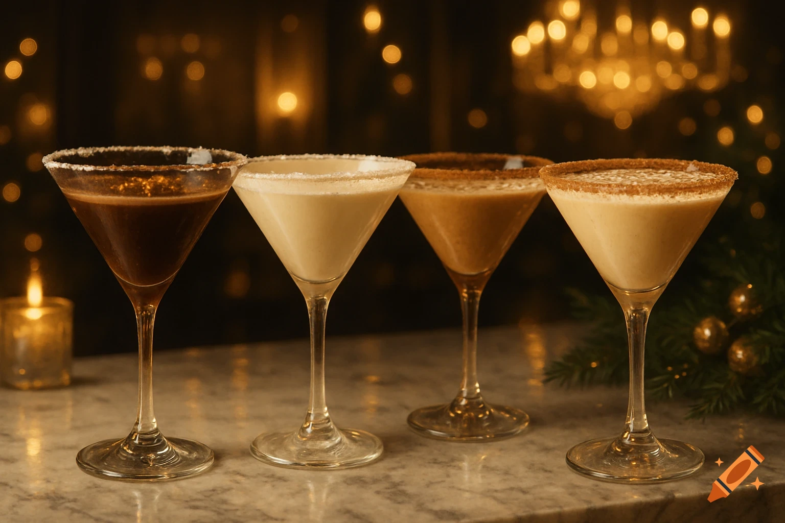 Four festive martini glasses with different drinks and sugar/cinnamon rims, on a marble counter with holiday decor and warm lighting.