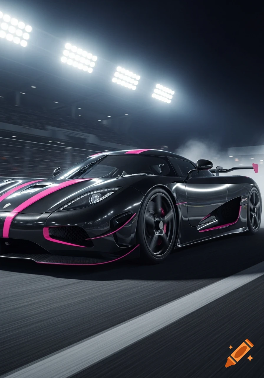 A sleek black Koenigsegg sports car with vibrant pink racing stripes speeds down a track at night, illuminated by bright stadium lights.