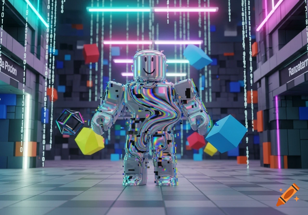 A metallic Roblox character with glitchy, colorful distortions stands in a futuristic, neon-lit digital space with binary code walls and floating cubes.