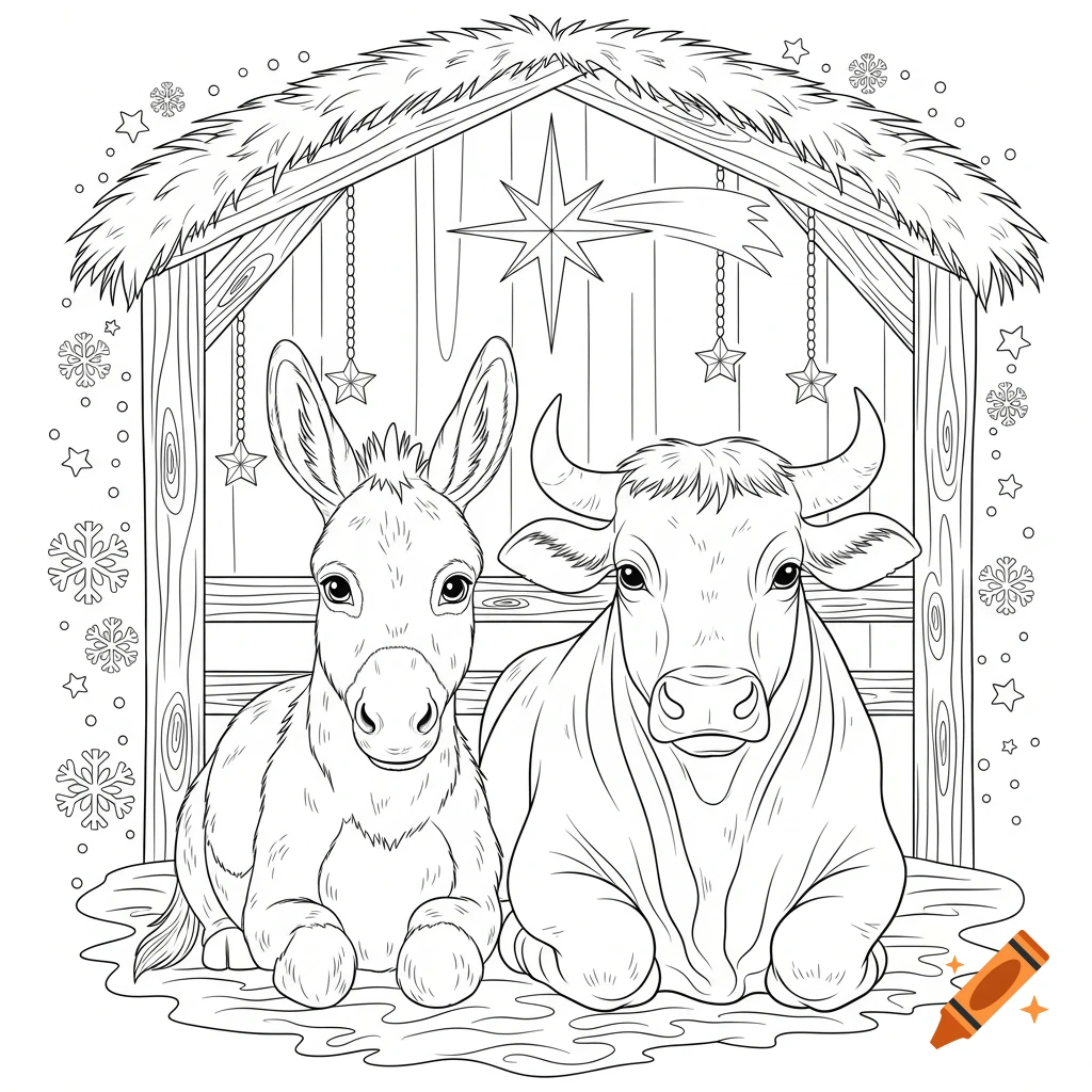 Line art coloring page of a donkey and an ox resting in a stable decorated with a star and snowflakes.