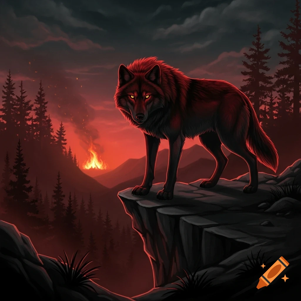 A red and black wolf with glowing yellow eyes stands on a rocky cliff overlooking a dark forest with a fiery sky and distant wildfires.