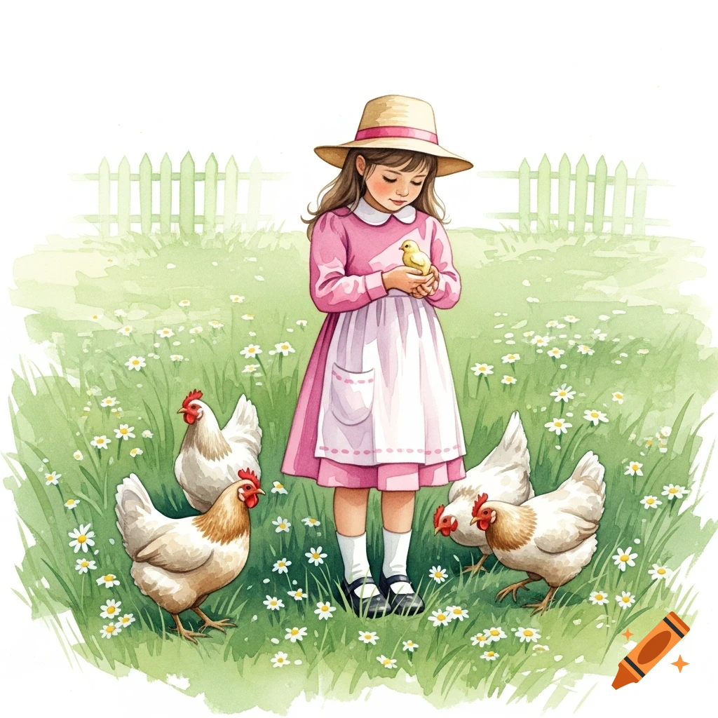 A watercolor illustration of a girl in a pink dress and straw hat holding a chick, surrounded by chickens and daisies in a green field with a fence.