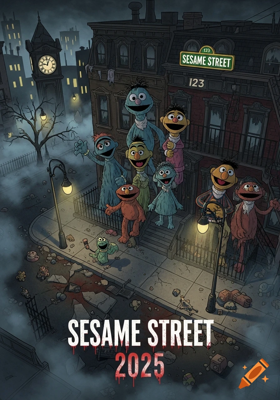 A dark, horror-themed illustration resembling a movie poster for "Sesame Street 2025", showing zombified Muppets and a desolate street scene.