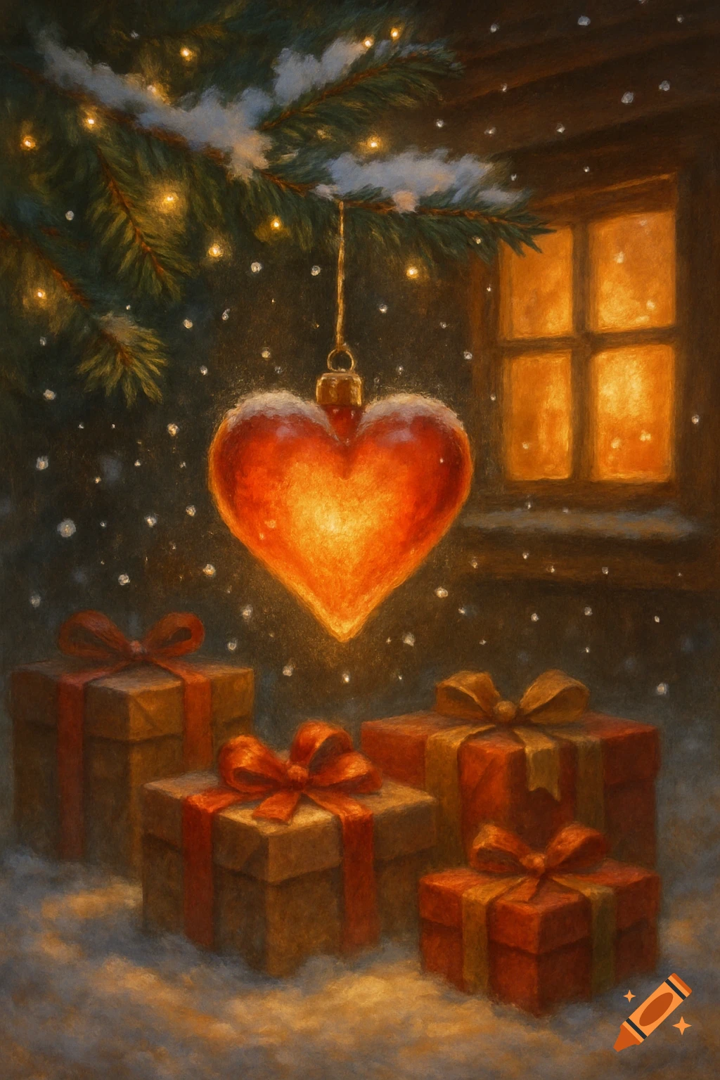 A glowing heart ornament hangs from a snowy Christmas tree branch above wrapped gifts in snow, next to a warm window, painterly style.