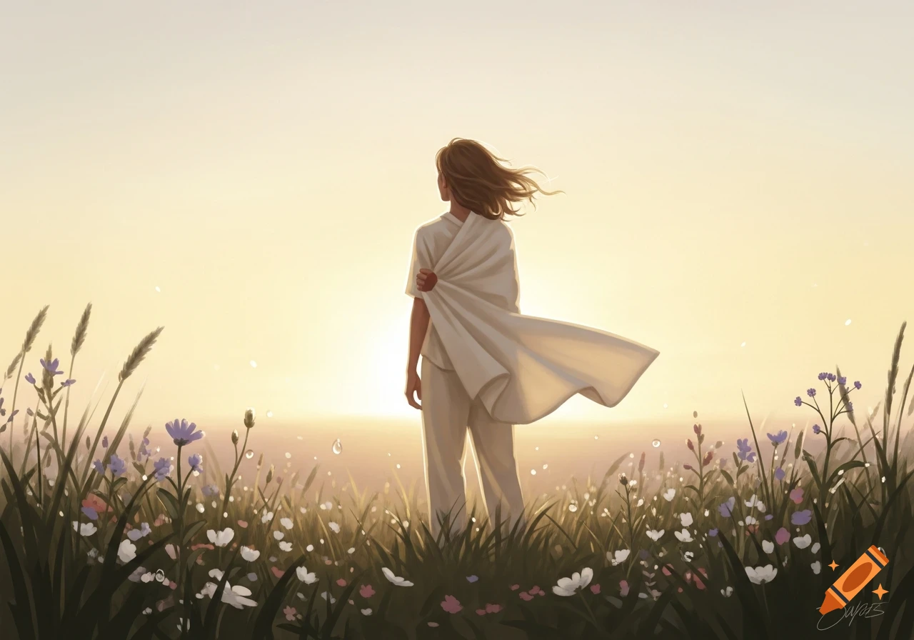 Digital painting of a person in a white outfit standing in a field of wildflowers at sunset.
