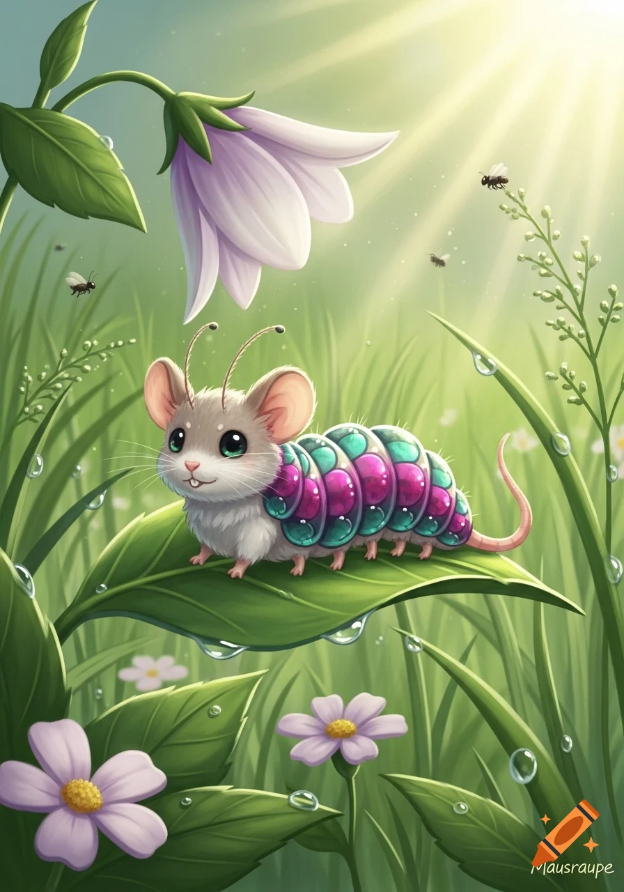A cute mouse-caterpillar hybrid with big green eyes and a segmented body sits on a dewy leaf in a sunny garden with purple flowers.
