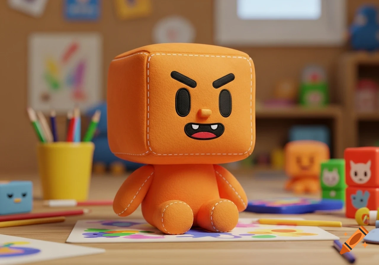 An orange, blocky plush toy with angry eyebrows and a happy mouth sits on a desk with colorful drawings and art supplies in a child's room.