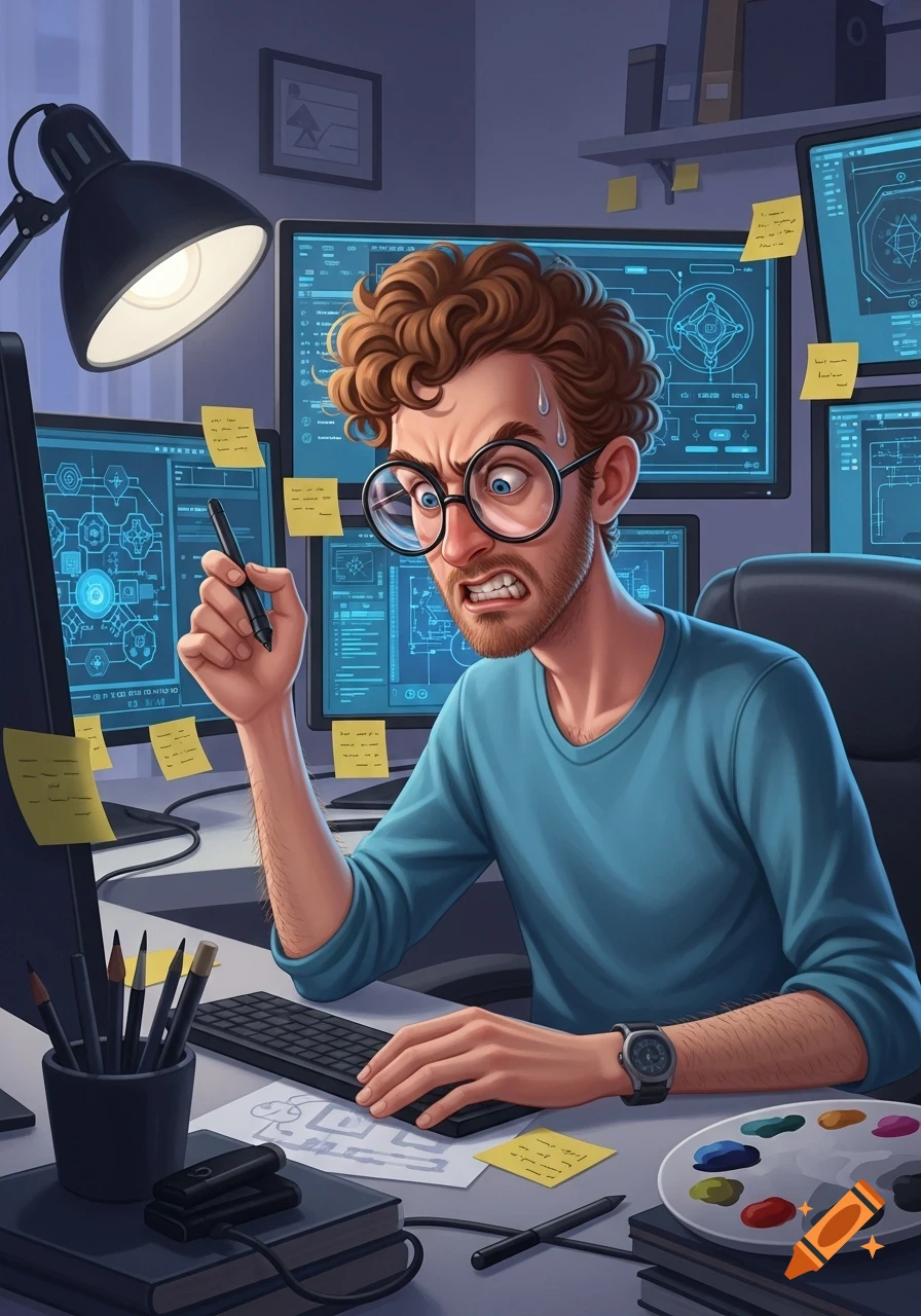 Cartoon man with glasses and curly hair looks frustrated while working at a computer desk surrounded by screens and sticky notes, holding a pen.