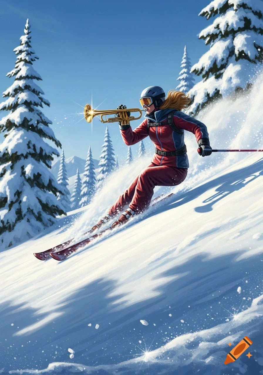 A woman in a red ski suit skis down a snowy mountain while playing a golden trumpet, with pine trees in the background.