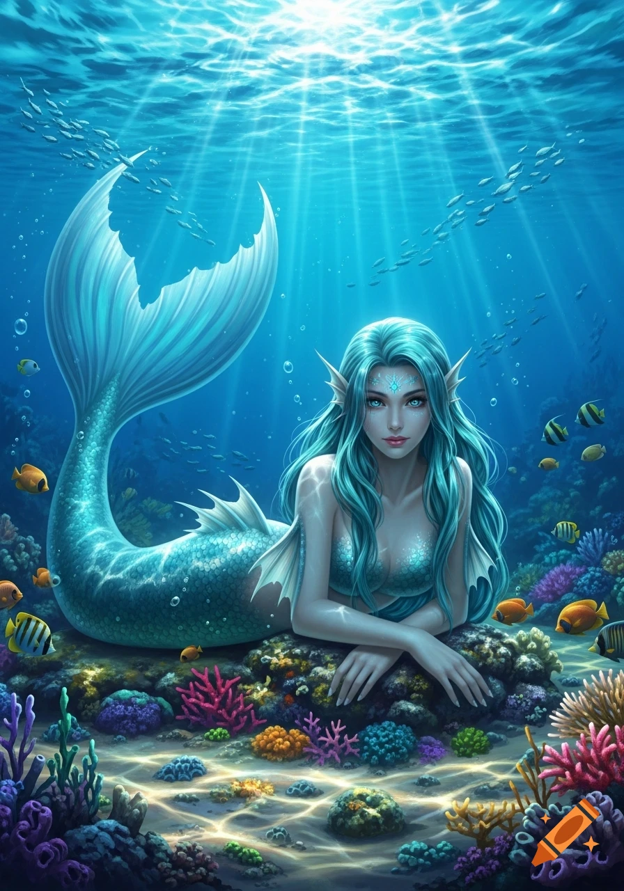 A blue-haired mermaid with a shimmering tail lies on a colorful coral reef underwater, surrounded by fish and sun rays.