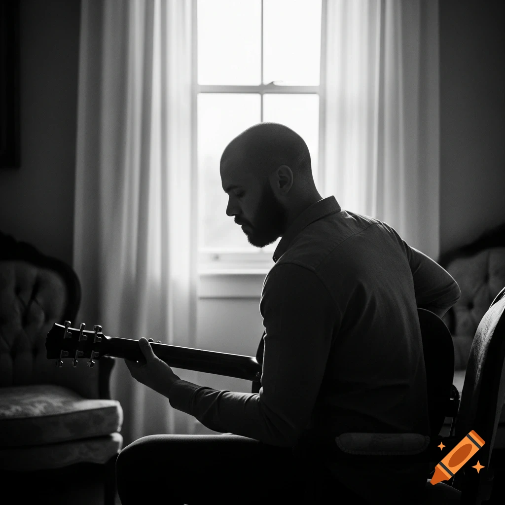 A man playing an acoustic guitar, silhouetted against a bright window in a dimly lit room, in a black and white photo.