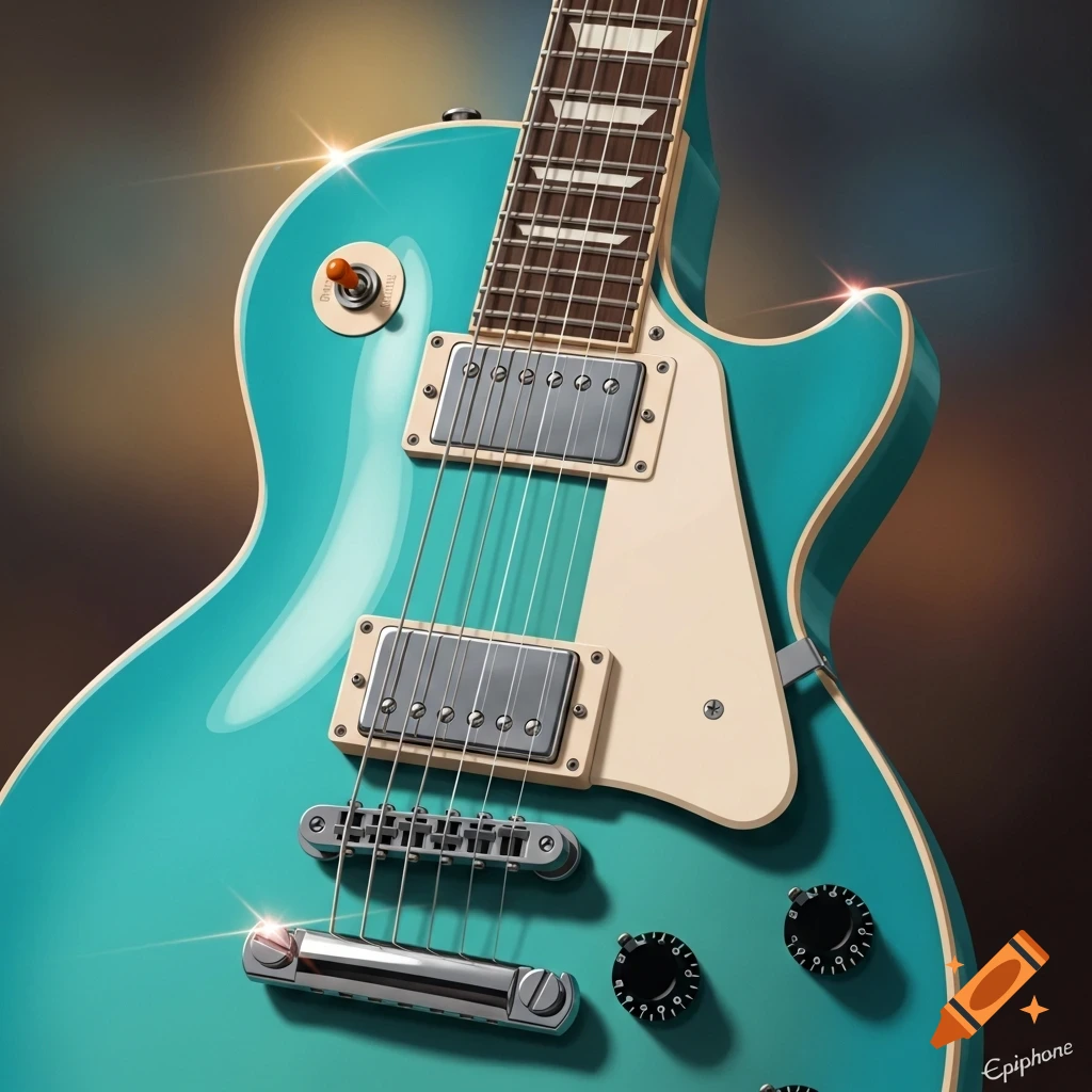 A close-up of a teal Epiphone Les Paul electric guitar with chrome hardware and a cream pickguard.