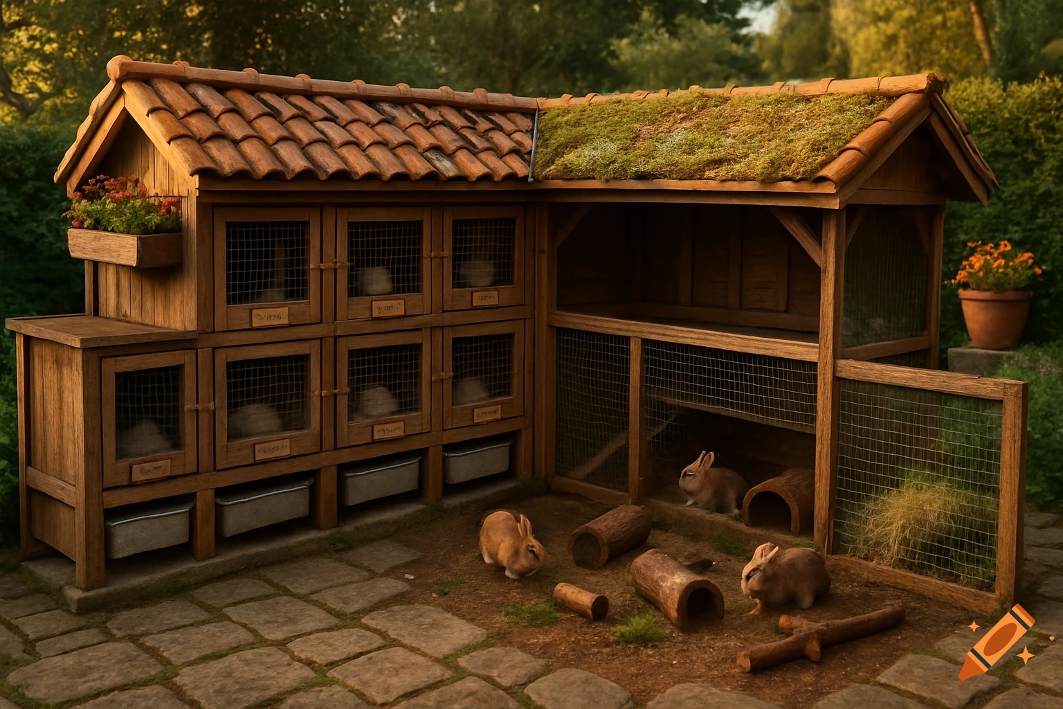 Photorealistic image of a rustic wooden rabbit hutch with multiple compartments, an outdoor run, and several brown rabbits on a stone patio in a lush garden.
