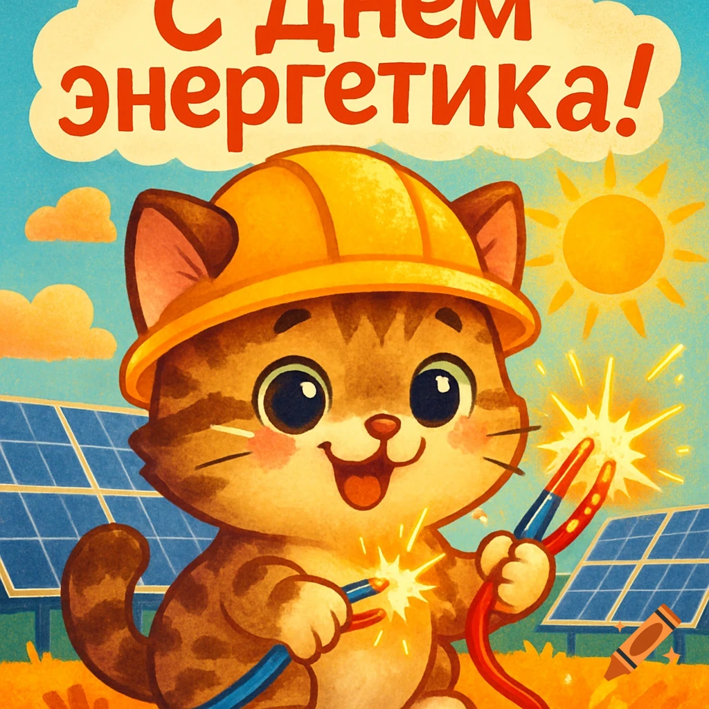 Cute cartoon cat in a yellow safety helmet holds sparking electric wires, smiling in front of solar panels on a sunny day. Text reads "Happy Power Engineer's Day!"