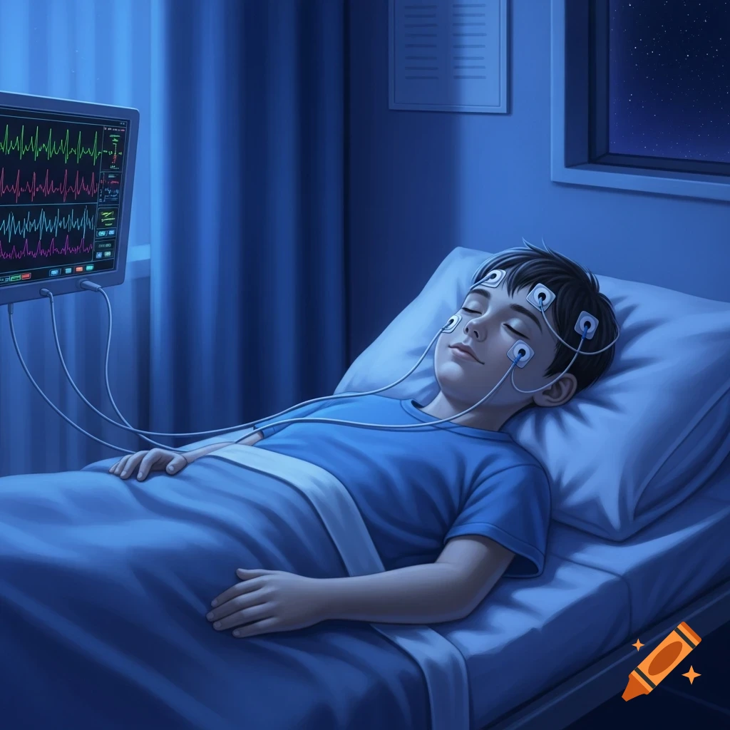 A boy sleeps in a hospital bed with medical electrodes on his head and face, connected to a monitor displaying waveforms.
