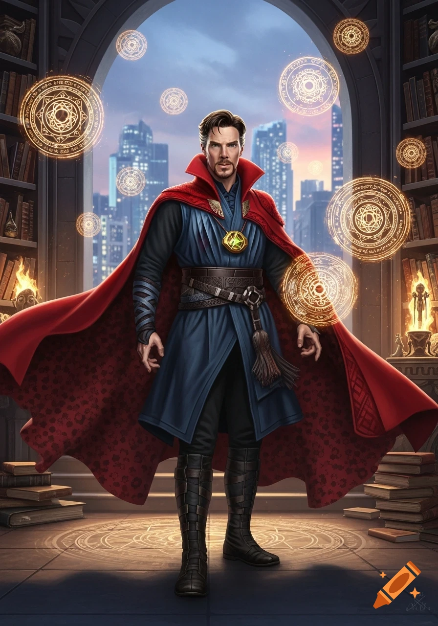 Doctor Strange in his blue tunic and red cloak stands amidst glowing magical symbols in a library overlooking a city.