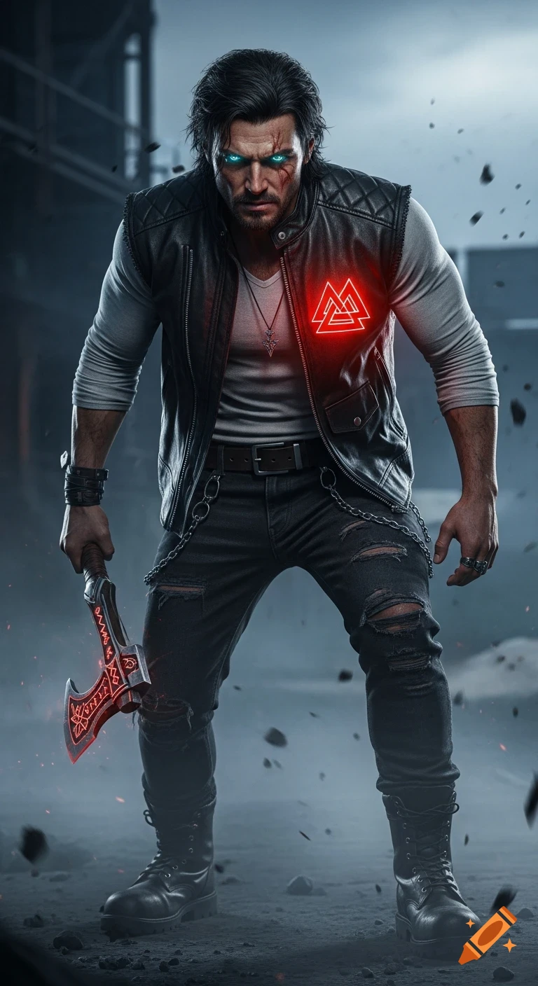 Ultra-realistic portrait of a rugged man with glowing blue eyes, holding a glowing red runic axe, wearing a leather vest with a Norse symbol, in a gritty urban environment.