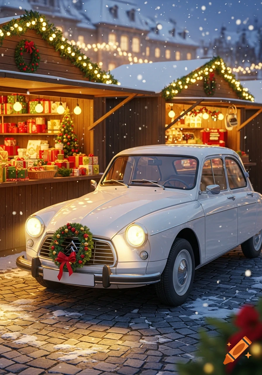 A vintage white car adorned with a Christmas wreath parked in a snowy Christmas market lit with festive lights.