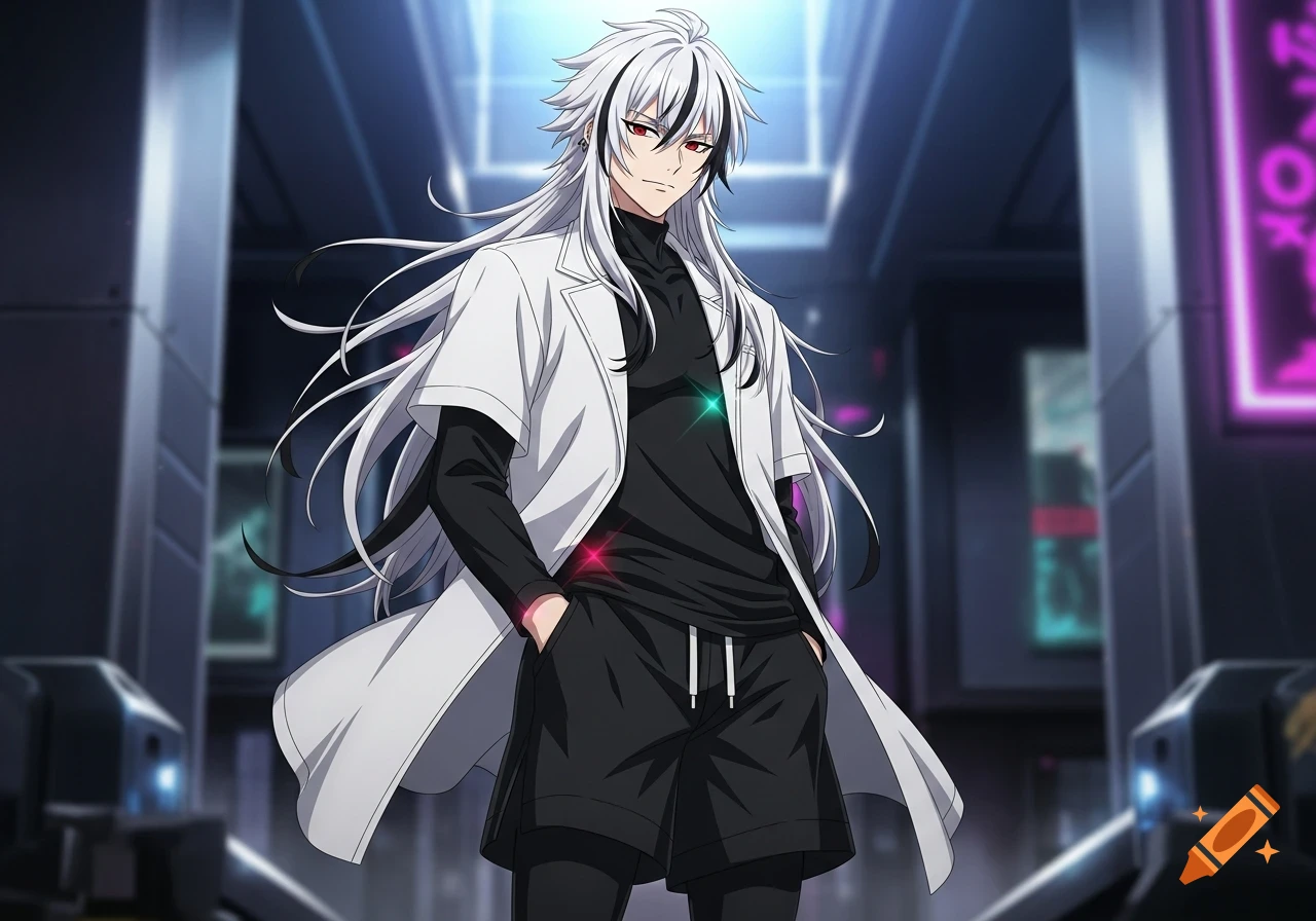 Anime man with long white hair and red eyes, wearing a white lab coat, black turtleneck, and black shorts over black pants in a neon-lit futuristic corridor.