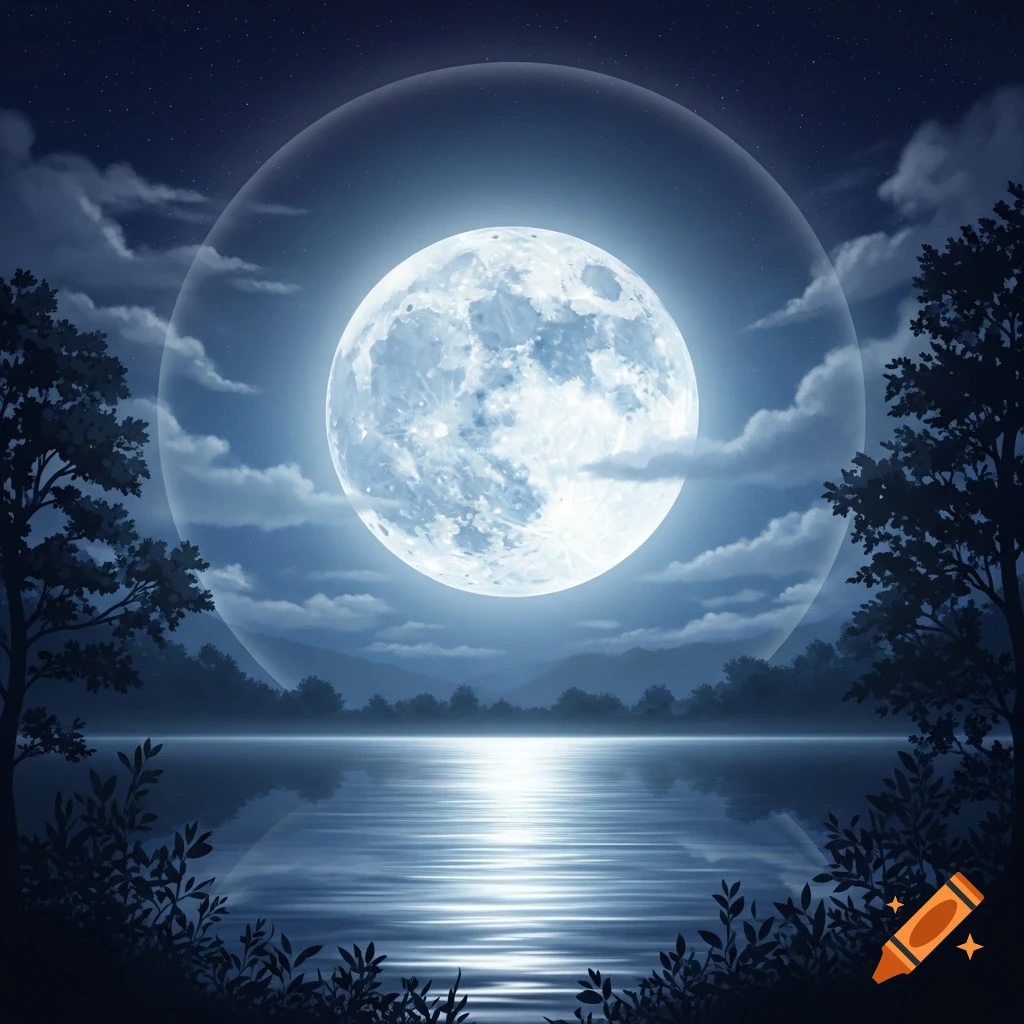 A bright full moon hangs in a star-filled night sky over a calm lake, with trees silhouetted on the shore.