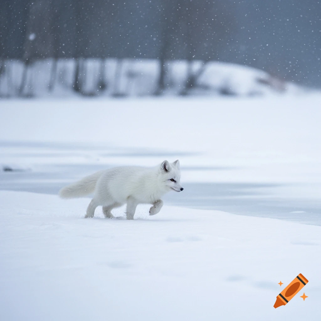 A white fox trots through fresh snow near an icy lake on a snowy winter day.