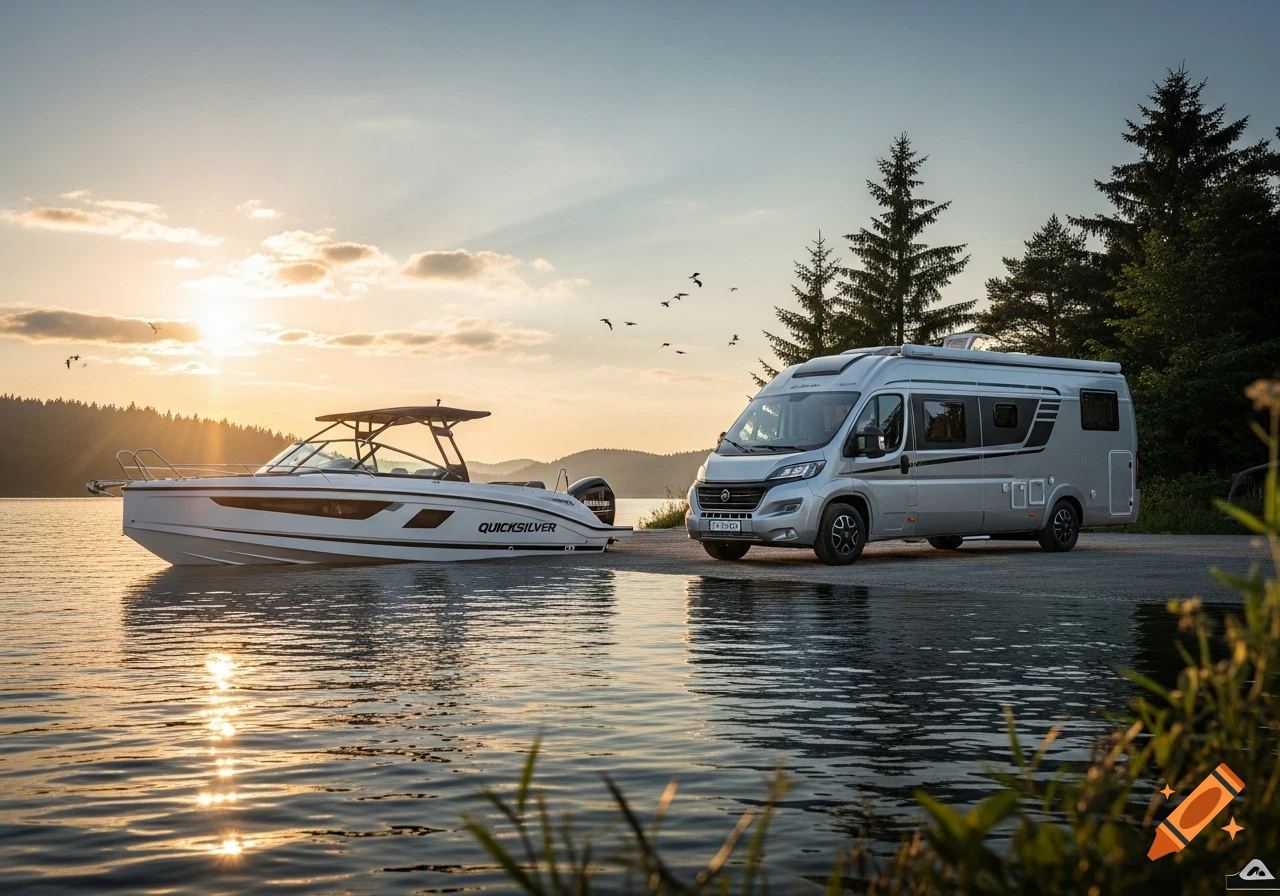 A silver camper van is parked next to a white motorboat on a calm lake at sunset, with forested hills in the background.