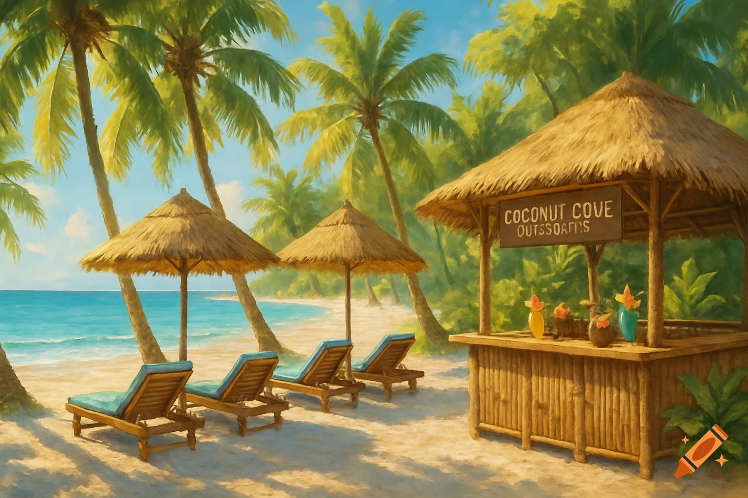 A sunny tropical beach scene with palm trees, blue ocean, lounge chairs, and a tiki bar with a 'Coconut Cove' sign.