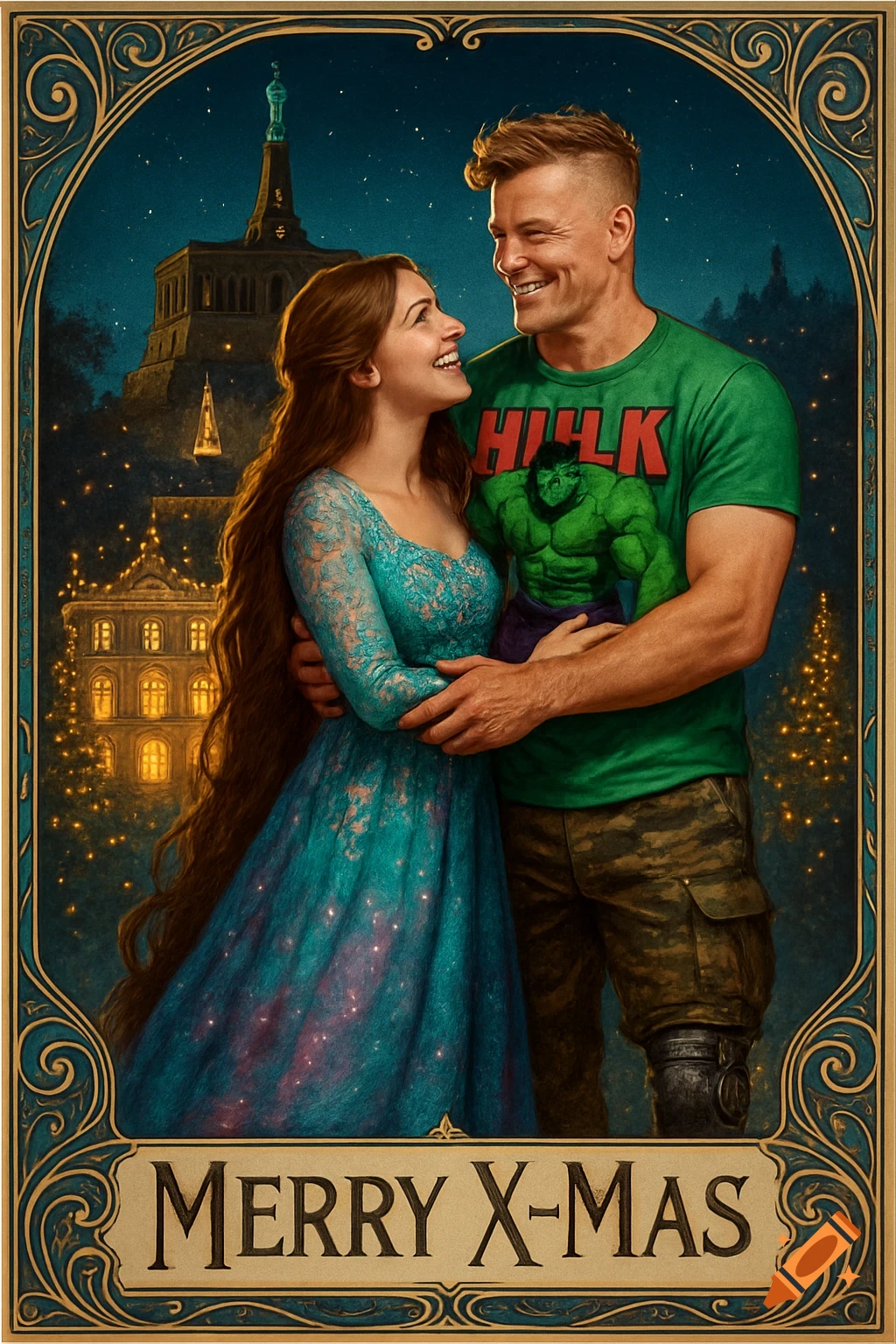 A smiling couple embracing in a vintage-style Christmas card with 'MERRY X-MAS', a Hulk-shirt man, and a woman in a galaxy dress before a festive cityscape.