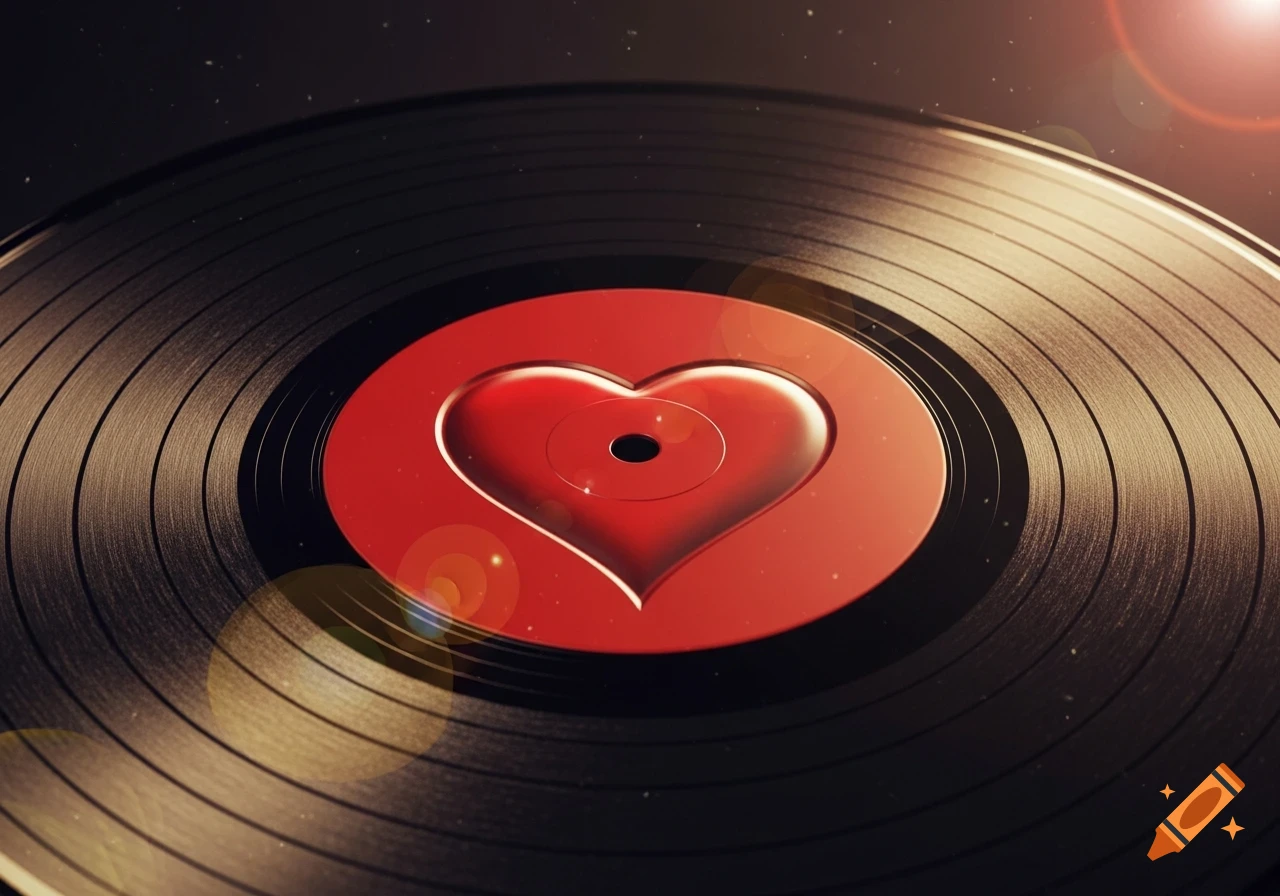Close-up of a black vinyl record with a glossy red heart at its center, illuminated by warm lens flares.