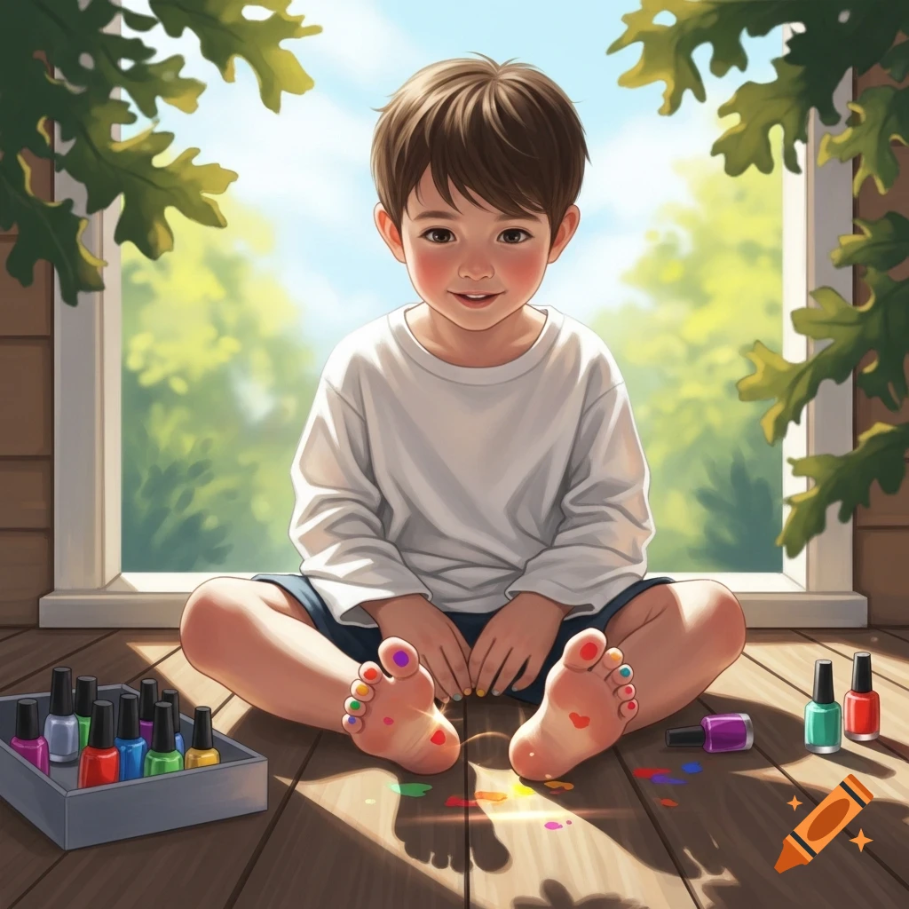 A smiling young boy with colorful painted toenails sits cross-legged on a wooden deck with nail polish bottles around him.
