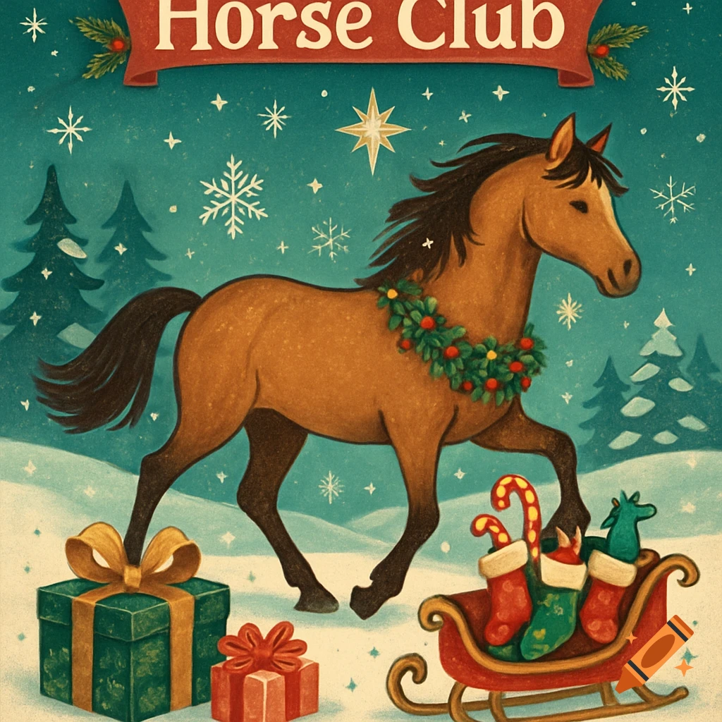Vintage illustration of a horse wearing a Christmas wreath in a snowy winter scene with gifts and a sleigh filled with stockings.