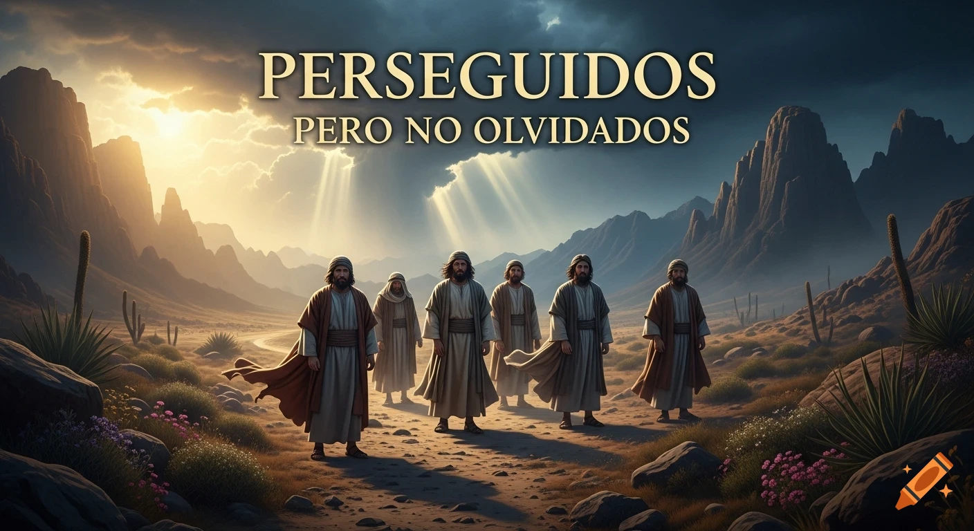 Six men in ancient robes stand in a dramatic desert landscape with sun rays, text 'PERSEGUIDOS PERO NO OLVIDADOS'.