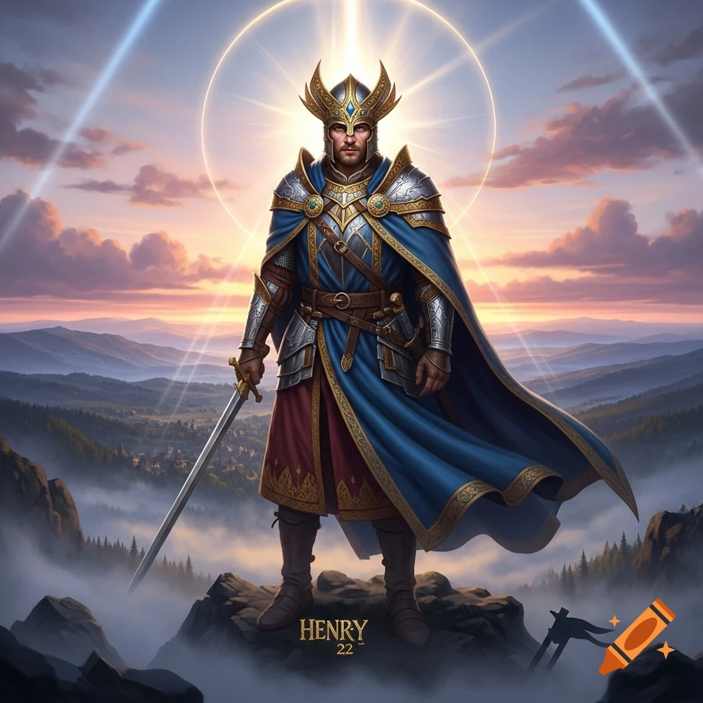 A majestic male warrior in ornate blue and silver armor with a golden winged helmet stands on a misty mountaintop, holding a sword. A glowing halo is behind his head, set against a vibrant sunset sky over a vast landscape.