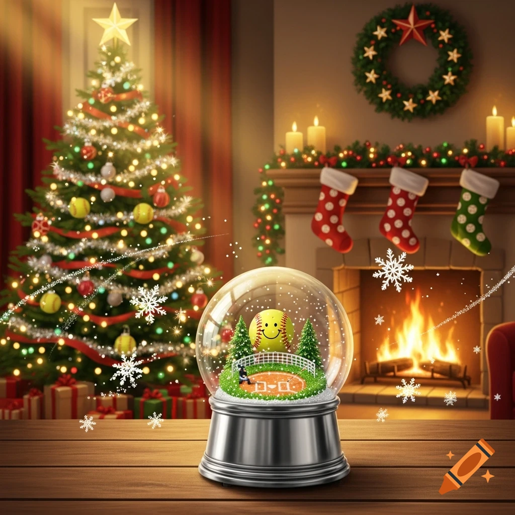 A snow globe with a softball field, smiling softball, and trees sits on a wooden table, in front of a cozy Christmas tree and fireplace.