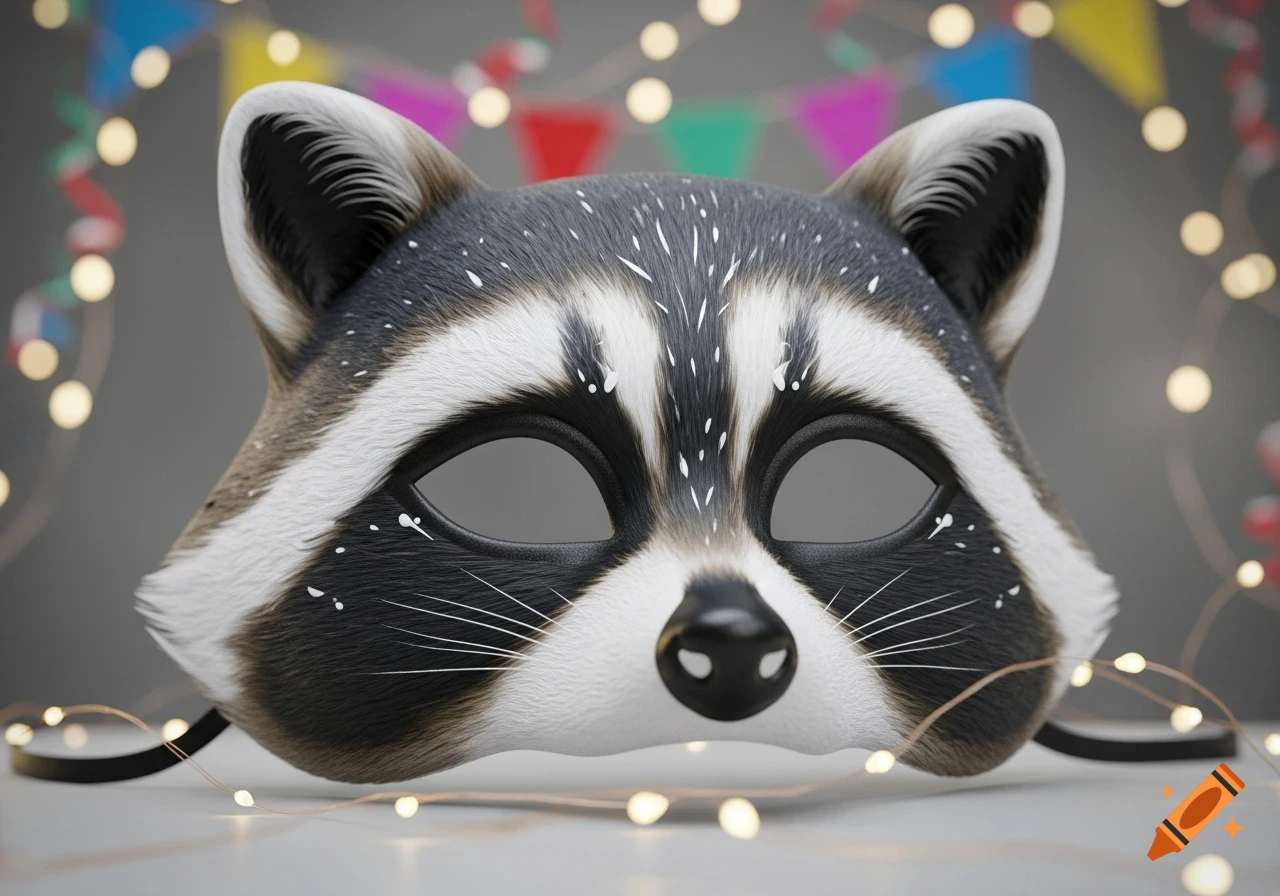 A photorealistic plastic raccoon party mask with black eye holes, surrounded by blurred string lights and colorful bunting flags.
